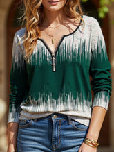 Printed long-sleeved zip-up V-neck T-shirt